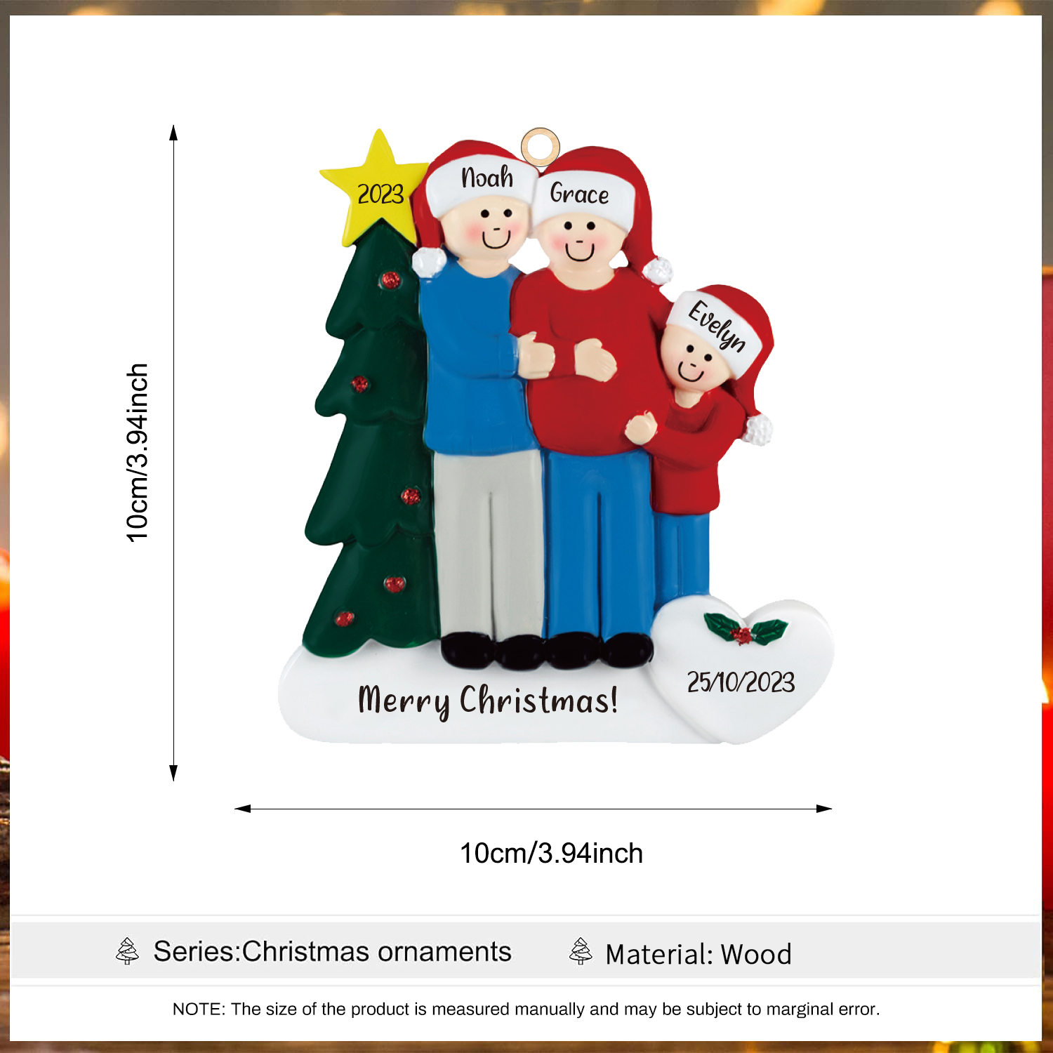 Ornements de Noël avec 3 Poupées 3 Prénoms et 2 Dates Personnalisés avec Texte