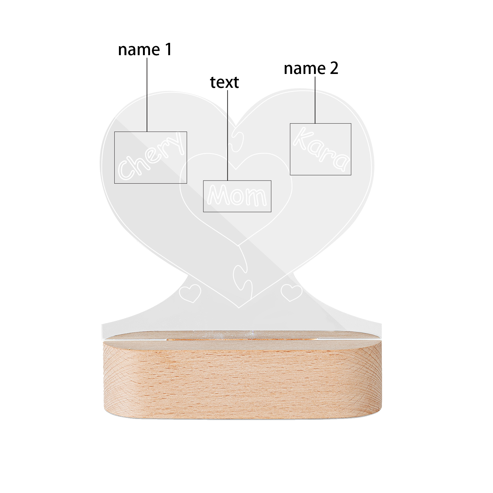 Lampe de chevet Cœur LED Lumières 2 Prénoms et 1 Texte Personnalisés pour Famille