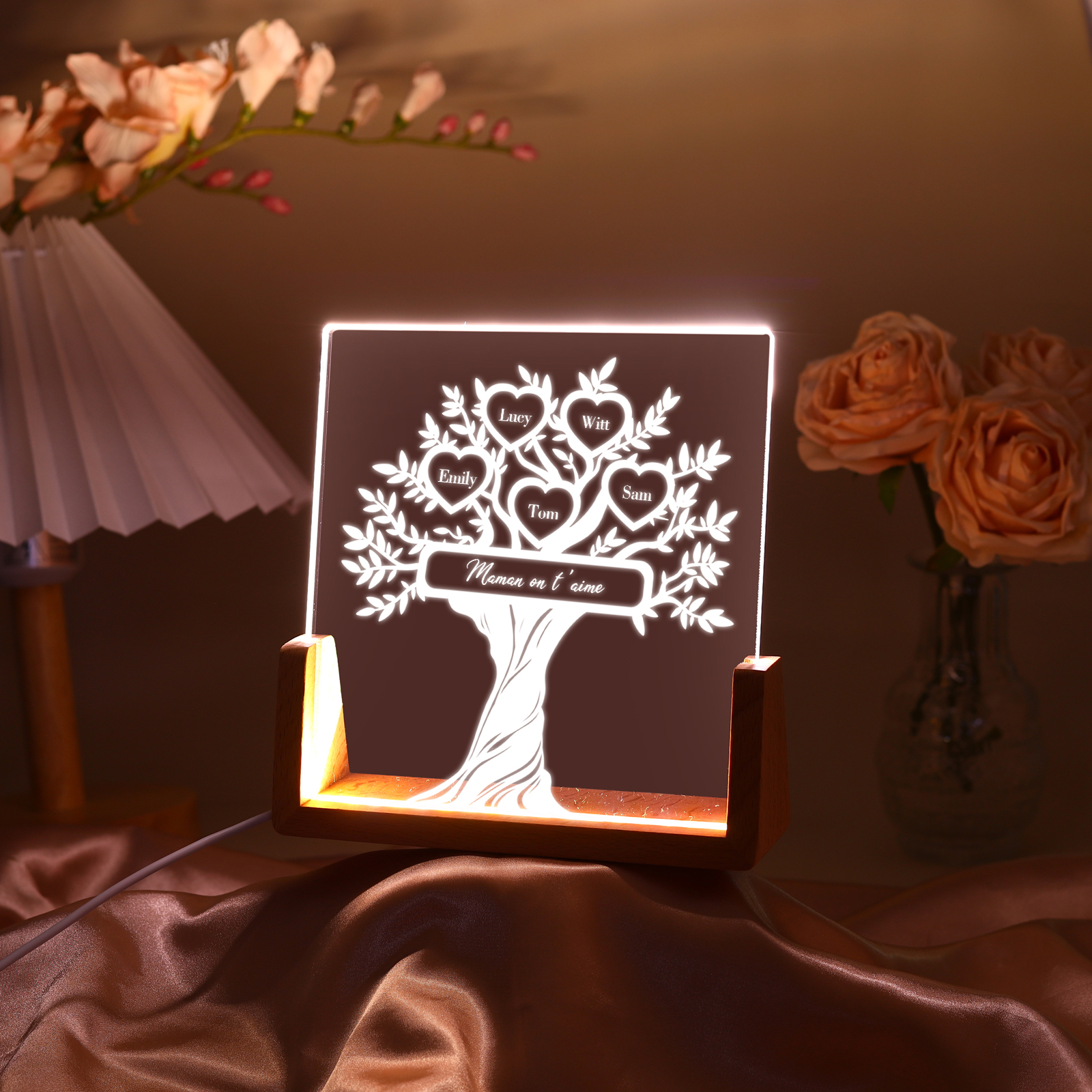 À Maman/Mamie - Lampe de chevet LED Arbre de Vie 5 Prénoms Personnalisés avec Texte pour Famille