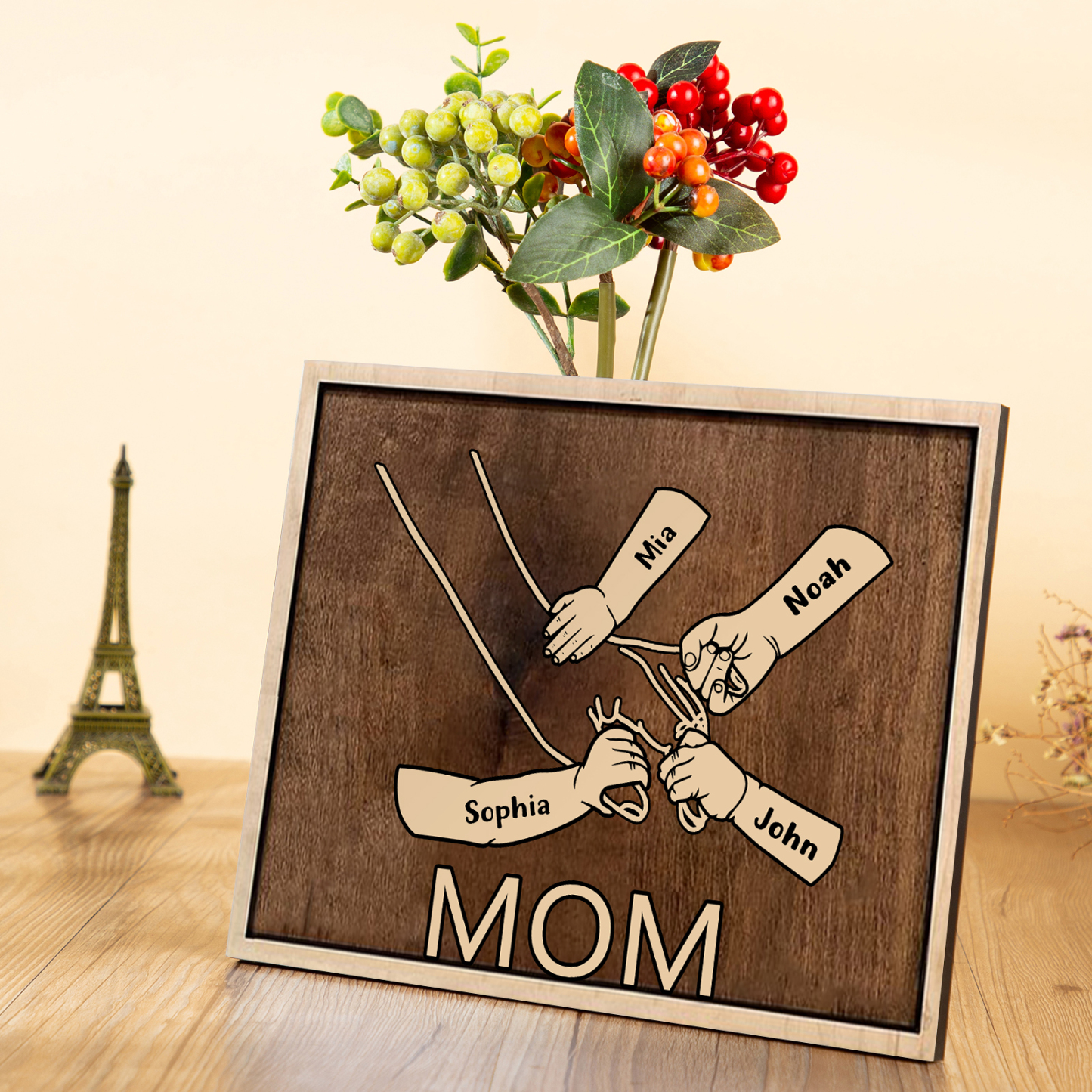À Papi/Mamie - Cadre en Bois la Main dans la Main 4 Prénoms Personnalisés avec Texte Cadeau pour Famille