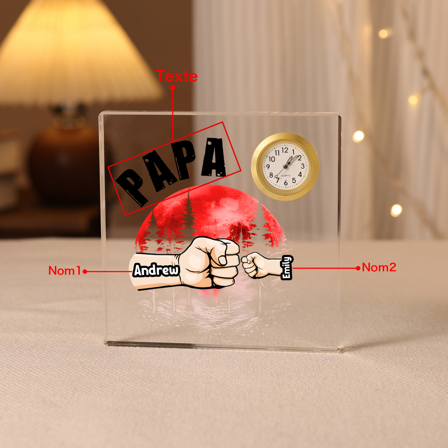 À Papa/Papi - Plaque Acrylique Poings Rectangle avec Horloge 2 Prénoms et 1 Texte Personnalisés