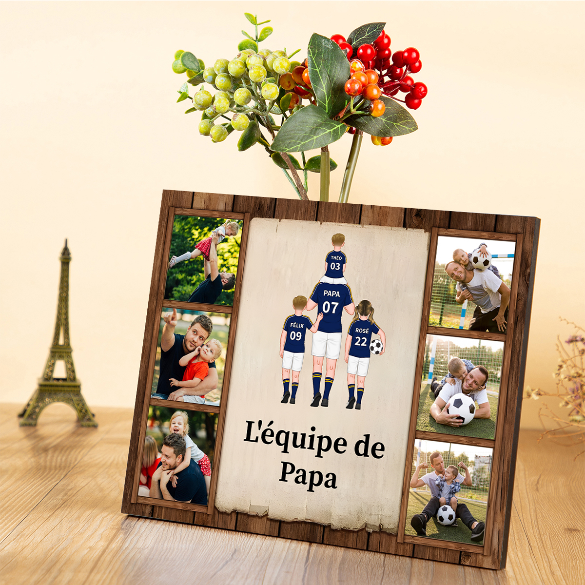 À Mon Papi/Papa-Cadre en Bois l'équipe de Football de Papa 2-9 Prénoms Personnalisés avec Texte et 6 Photos | Jessemade