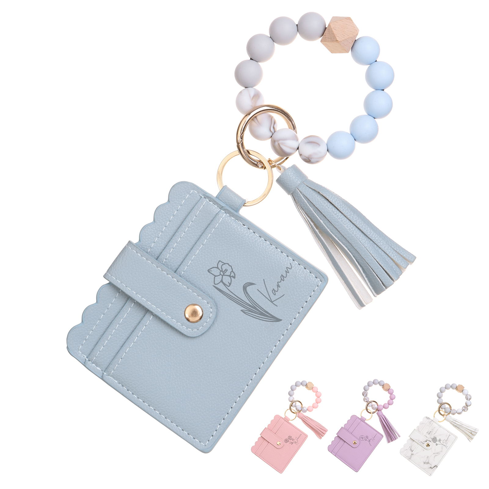 Porte-cartes Personnalisé à Fleur de Naissance avec Bracelet perlé détachable
