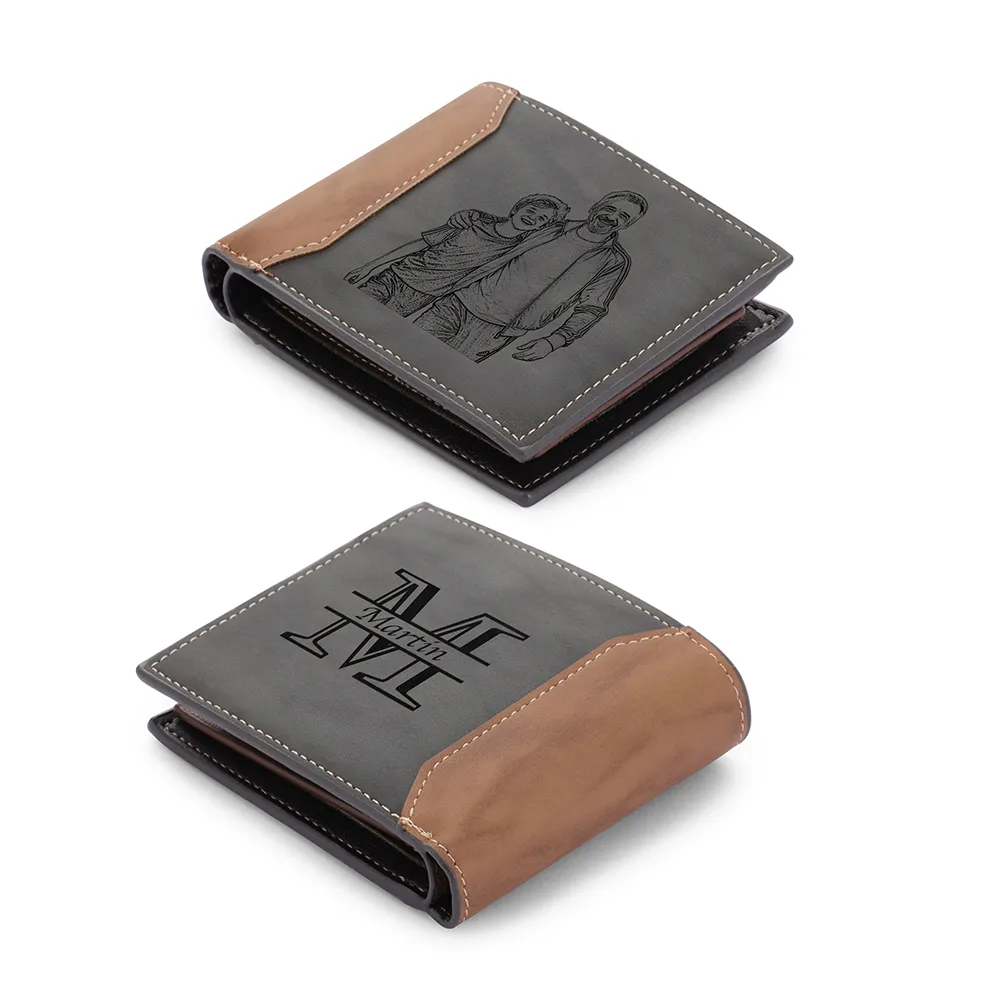 Portefeuille Personnalisé avec Photo & Initiale, Cuir PU Bicolore, Gravure sur Mesure, Idée Cadeau Homme