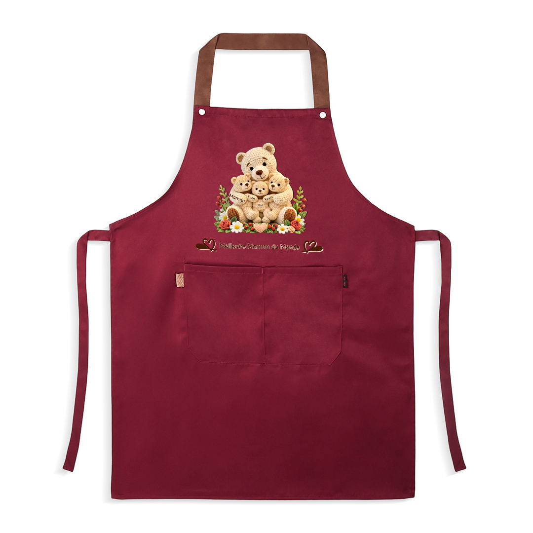 Tablier de Cuisine Personnalisé avec Poche, Personnalisé avec 1 à 10 Prénoms et Ours