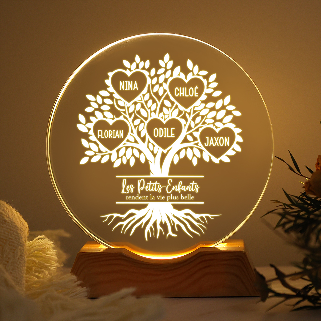 Lampe de nuit LED en cristal avec arbre généalogique personnalisé et 1 à 10 prénoms de petits-enfants – cadeau d’anniversaire et de fête des Mères pour maman ou mamie | Jessemade