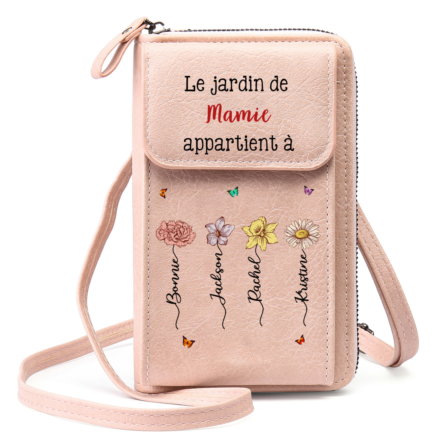 Sac bandoulière personnalisé, Portefeuille Personnalisé avec 1-6 Prénoms et Fleurs de Naissance Cadeau Pratique pour Mamie | Jessemade