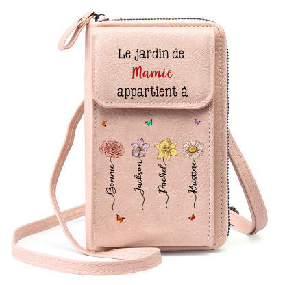 Sac bandoulière personnalisé, Portefeuille Personnalisé avec 1-6 Prénoms et Fleurs de Naissance Cadeau Pratique pour Mamie | Jessemade
