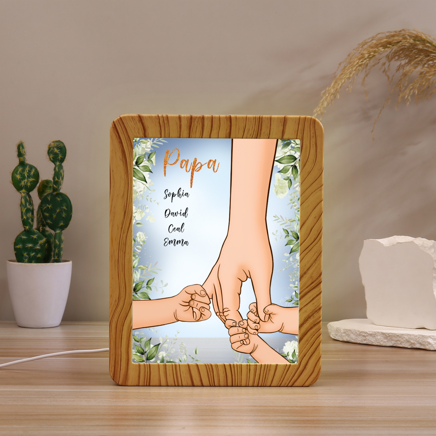 Lampe LED/Cadre Photo/Miroir multifonctionnel la main dans la main 4 Prénoms et 1 Tetxe Personnalisés Cadeau Créatif pour Famille