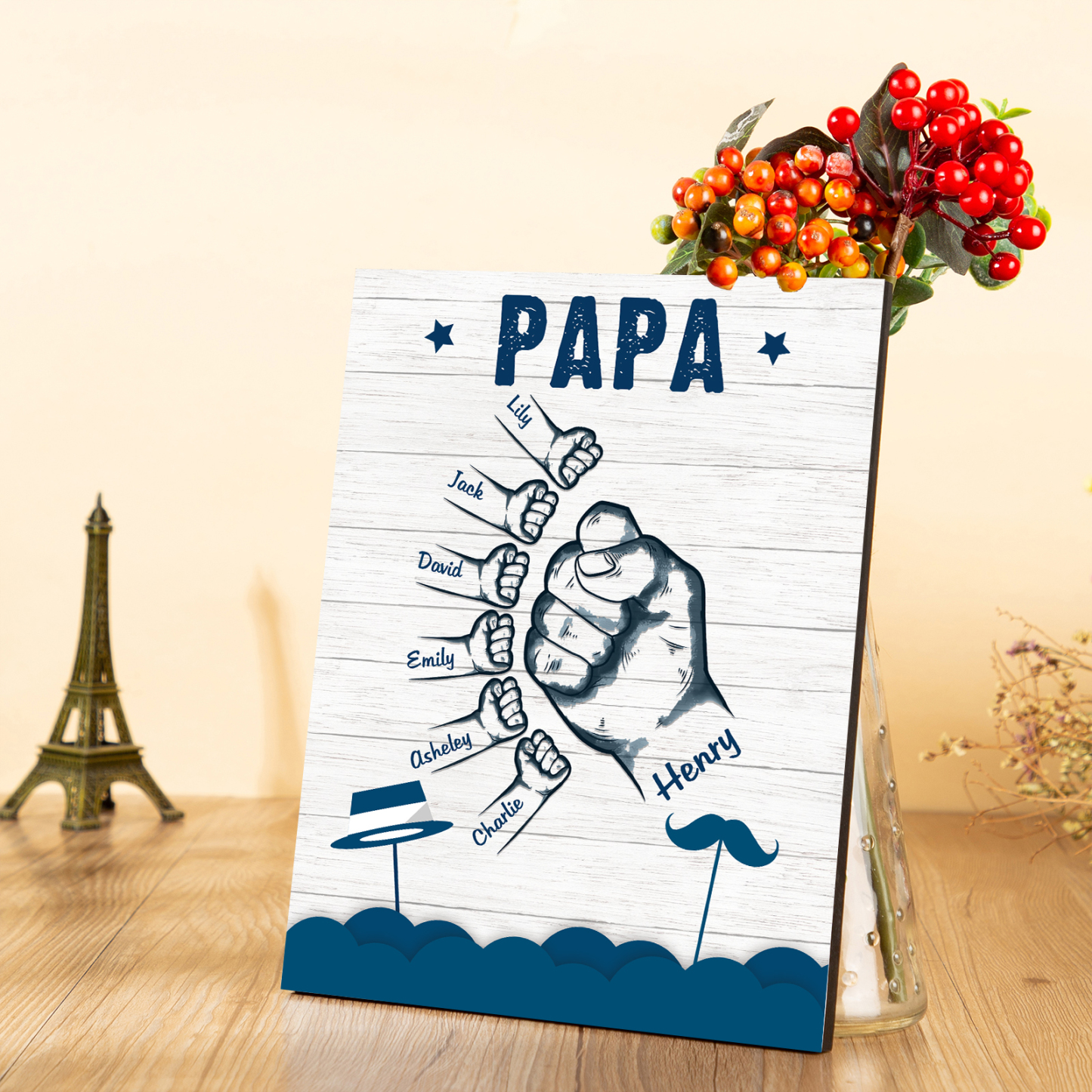 À Mon Papa/Papi-Cadre en Bois Poings 7 Prénoms Personnalisés avec Texte