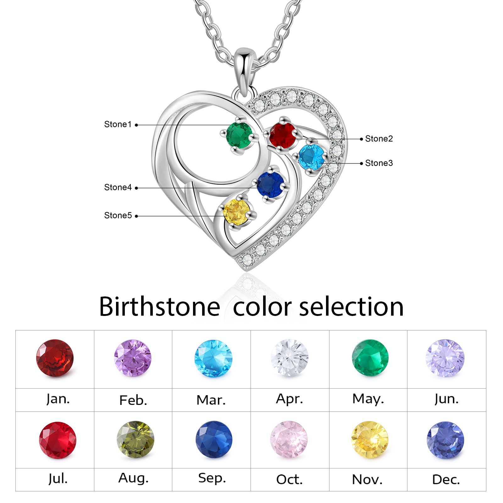 Collier Cœur 5 Pierres de Naissance