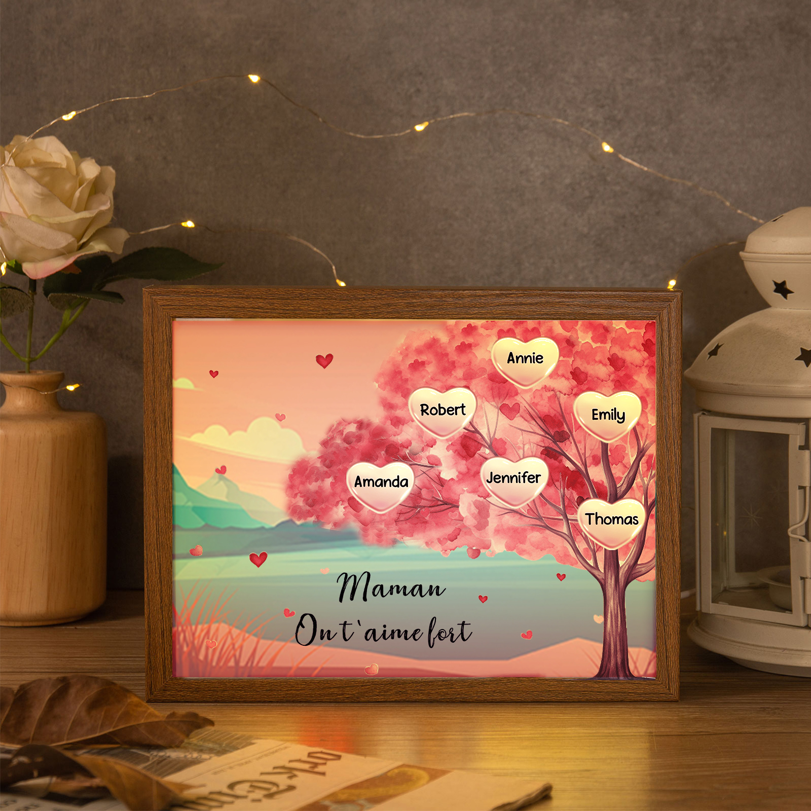 Cadre Photo LED Arbre 6 Prénoms Personnalisés avec 1 Texte Décoration Famille