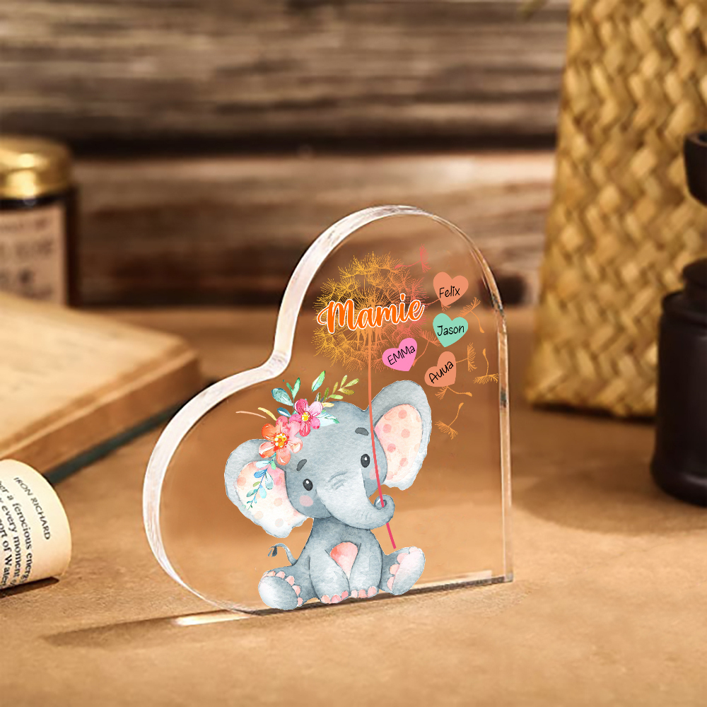 À ma Mamie - Plaque Acrylique Éléphant en Forme de Cœur 4 Prénoms Personnalisés