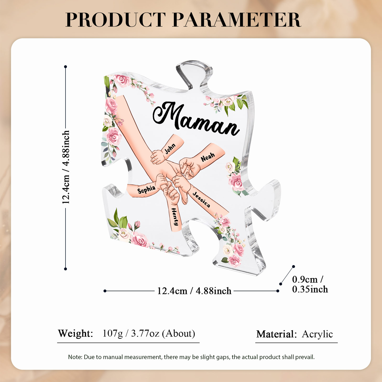 Plaque Acrylique en forme de Puzzle la main dans la main 5 Prénoms et 1 Texte Personnalisés