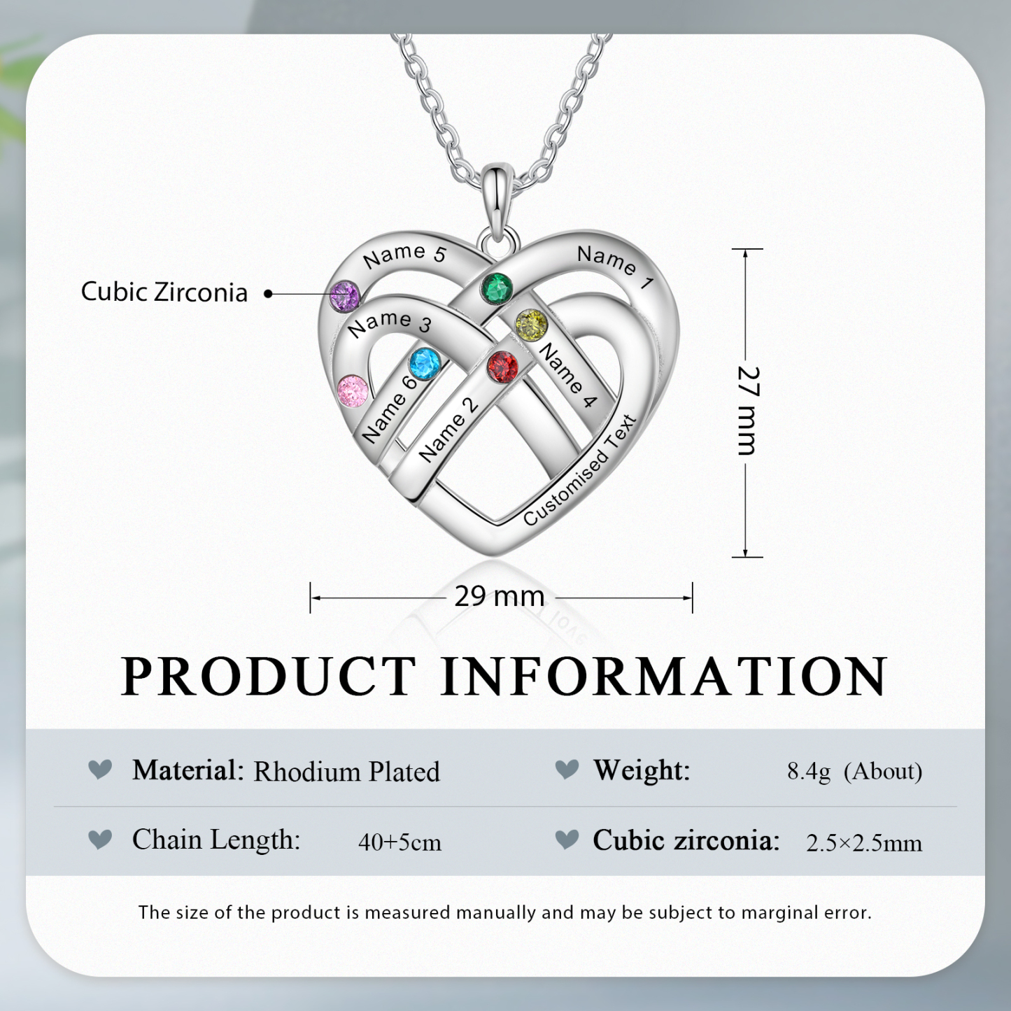 Collier Pendentif Cœur 6 Prénoms et 1 Texte Personnalisés avec 6 Pierres de Naissance Collier Femmes