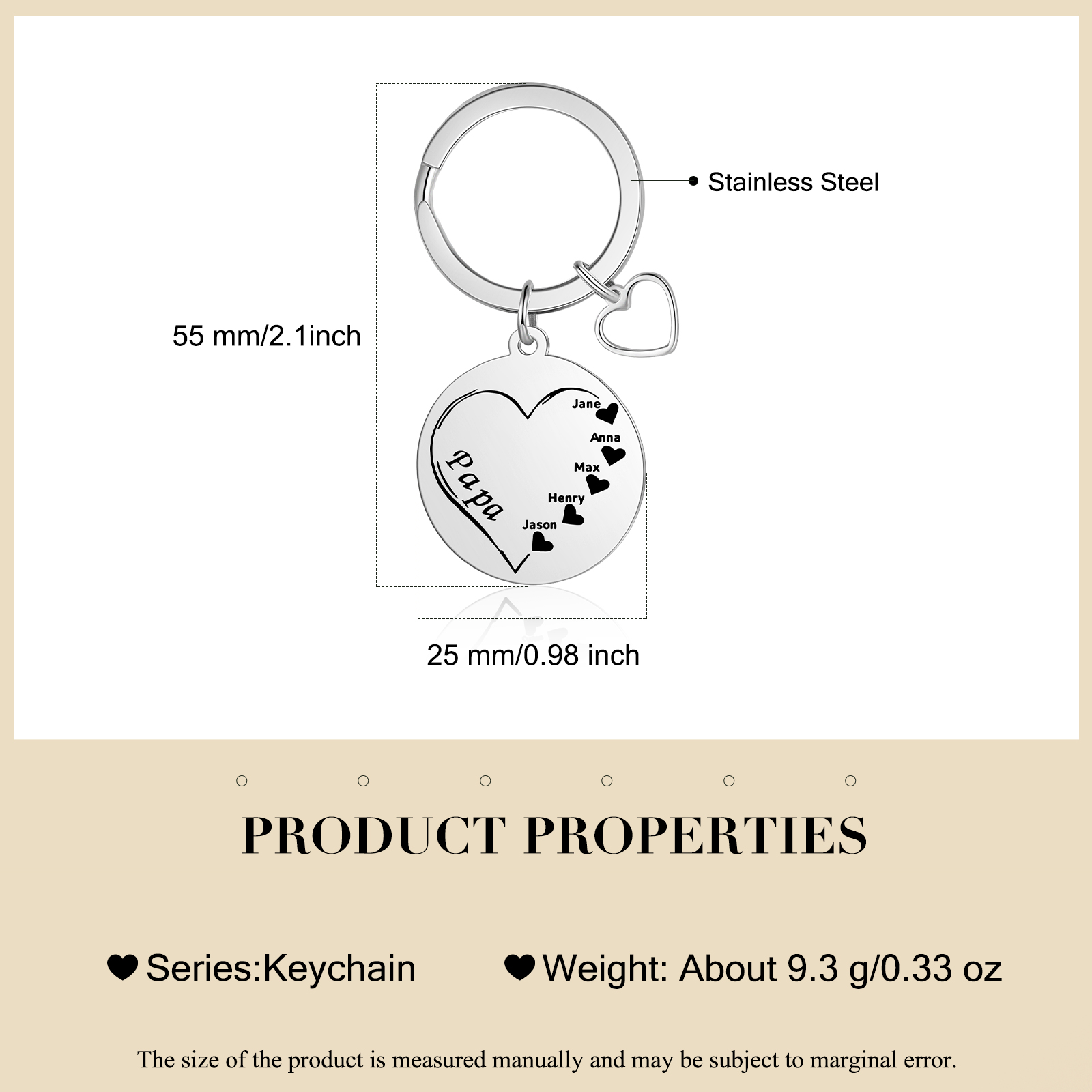 Porte-Clés Cœur 5 Prénoms Personnalisé avec texte cadeau papa maman