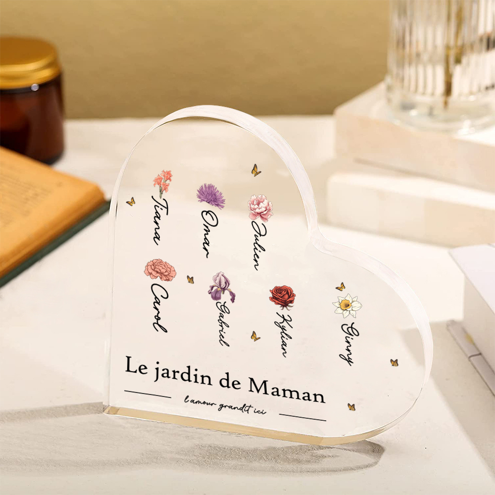 À ma Maman/Mamie - Plaque Acrylique en forme de Cœur 1-10 Prénoms et 1 Texte Personnalisés avec Fleur de naissance