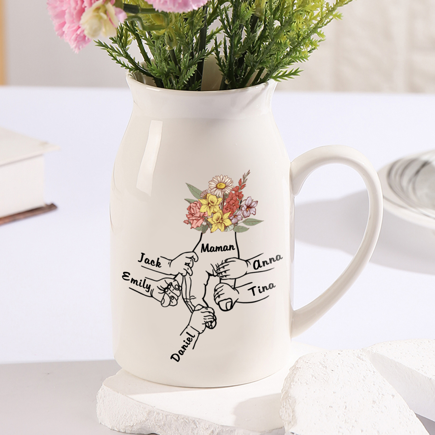 Vase à Fleurs la main dans la main 5 Prénoms Personnalisés avec Texte Décoration de la Maison