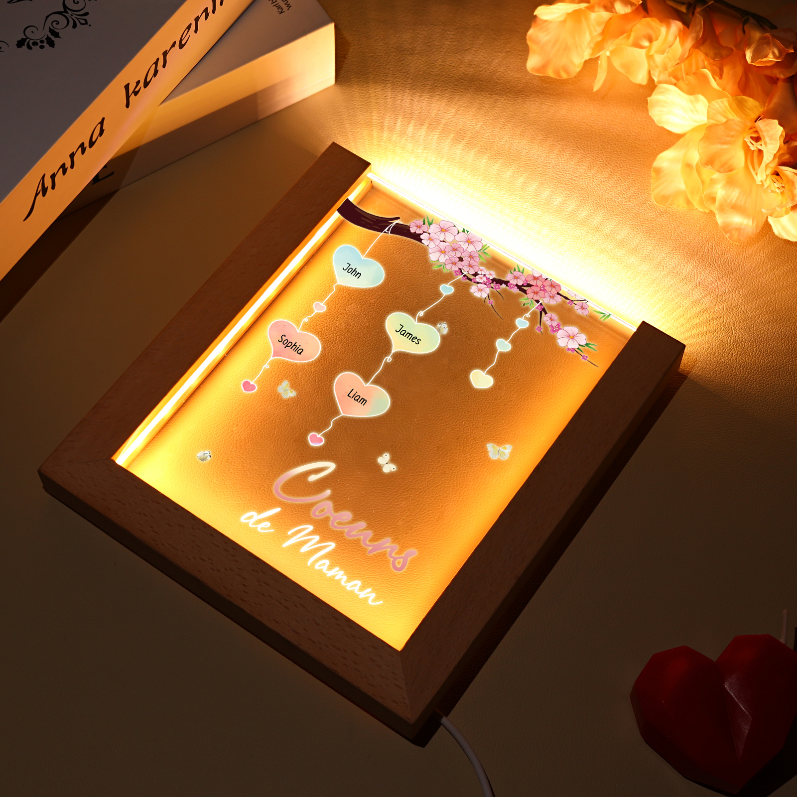 À Maman/Mamie - Lampe de chevet LED Arbre 4 Prénoms Personnalisés avec 1 Texte