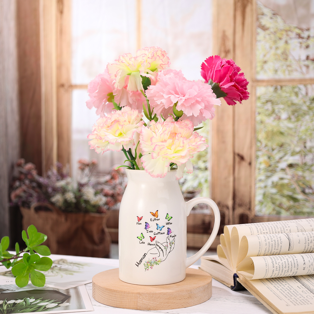 Vase à Fleurs Mains et Papillons 8 Prénoms Personnalisés avec Texte Décoration de la Maison