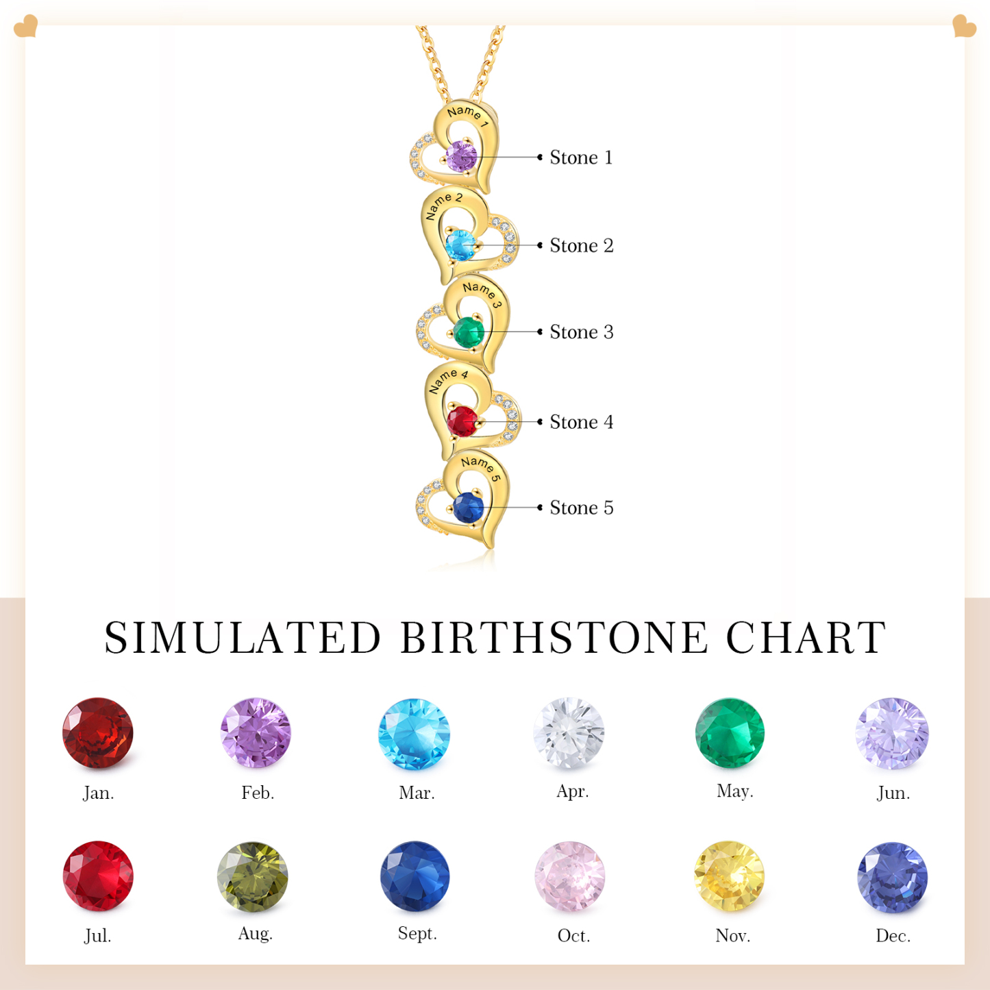 Collier Pendentif Cœur 5 Prénoms Personnalisés avec Pierre de naissance pour Femmes
