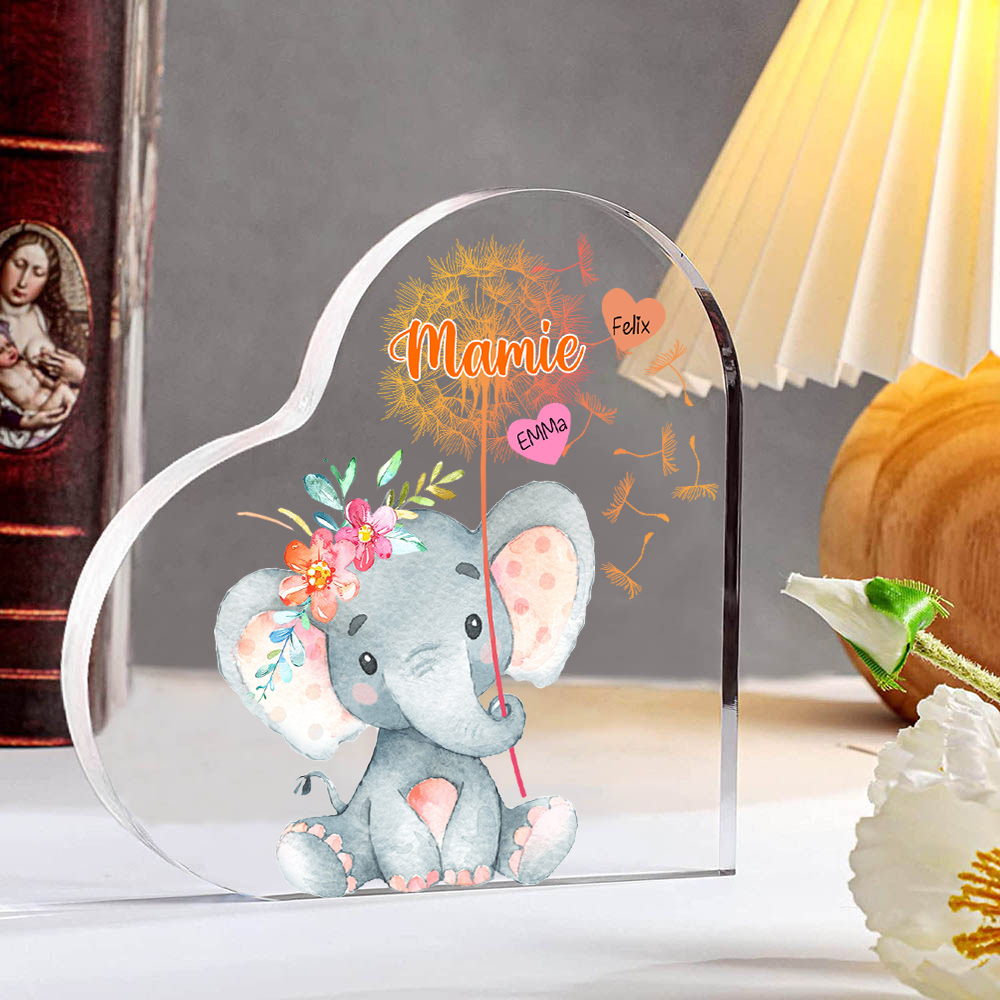 À ma Mamie - Plaque Acrylique Éléphant en Forme de Cœur 2 Prénoms Personnalisés