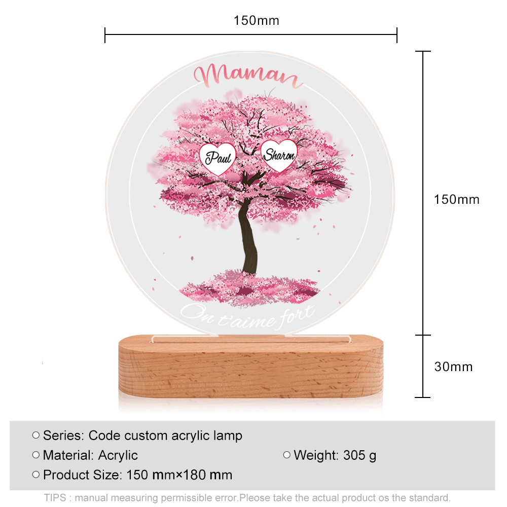 À Maman/Mamie - Lampe de chevet LED Lumières Arbre 2 Prénoms et 2 Textes Personnalisés pour Famille