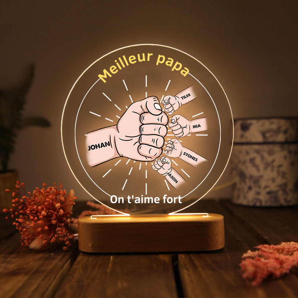 À Papa/Papi - Lampe de chevet LED Lumières Poings 5 Prénoms et 2 Textes Personnalisés pour Famille
