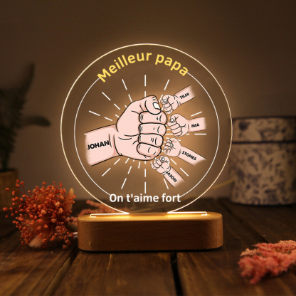 À Papa/Papi - Lampe de chevet LED Lumières Poings 5 Prénoms et 2 Textes Personnalisés pour Famille