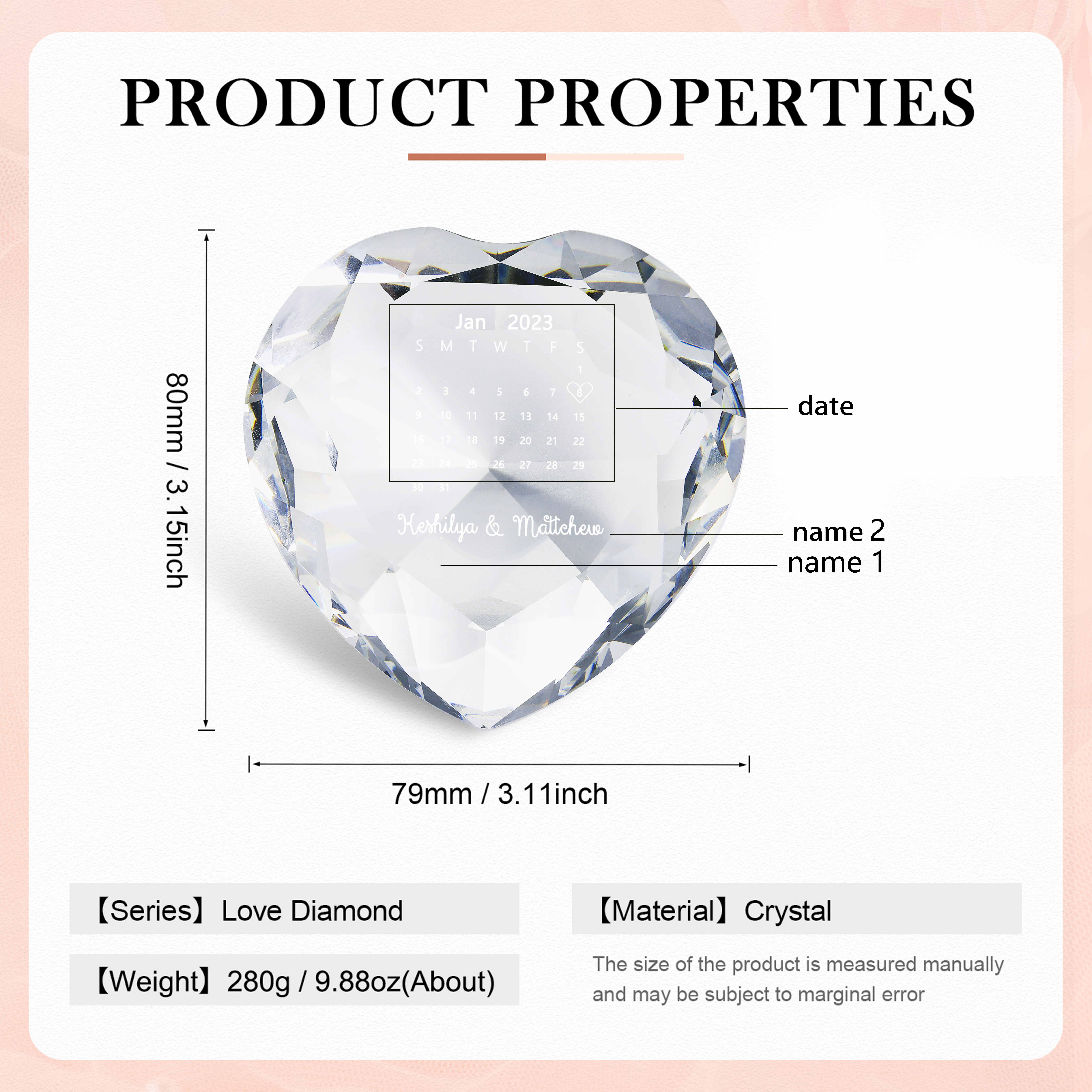 Décoration Cristal Cœur 2 Prénoms et 1 Date Personnalisés pour Couple