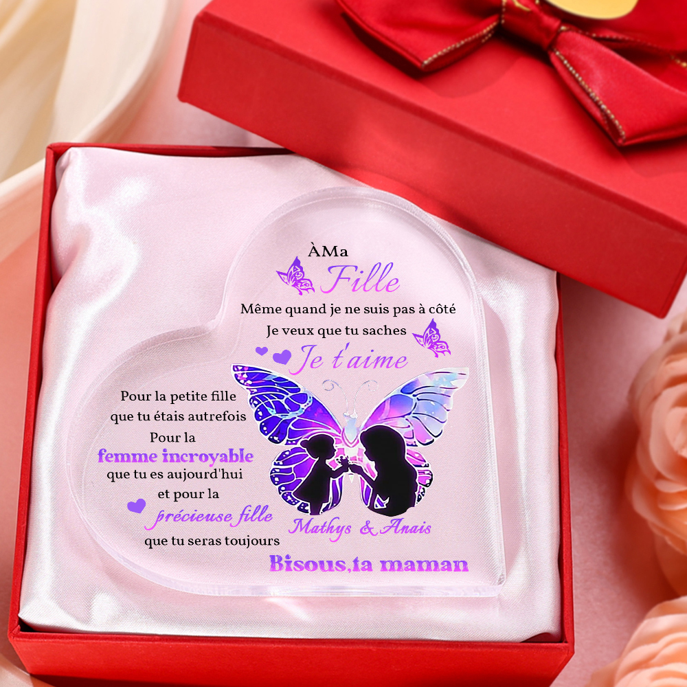 À ma Fille - Plaque Acrylique Papillon en Forme de Cœur 2 Prénoms Personnalisés Maman et Fille