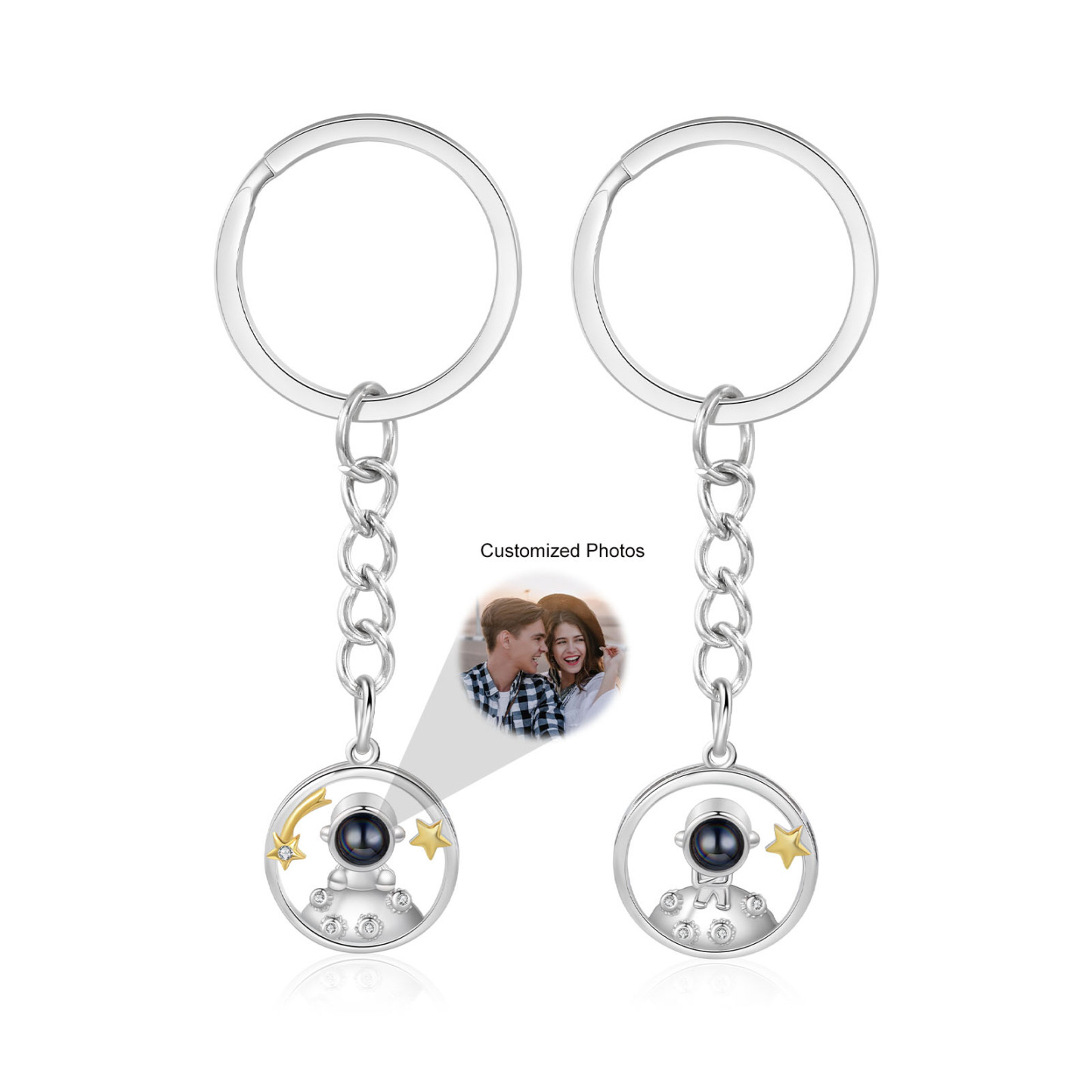 Porte-Clés Projection de Pierres 1 Photo Personnalisée Porte-Clés Astronaute pour Couple