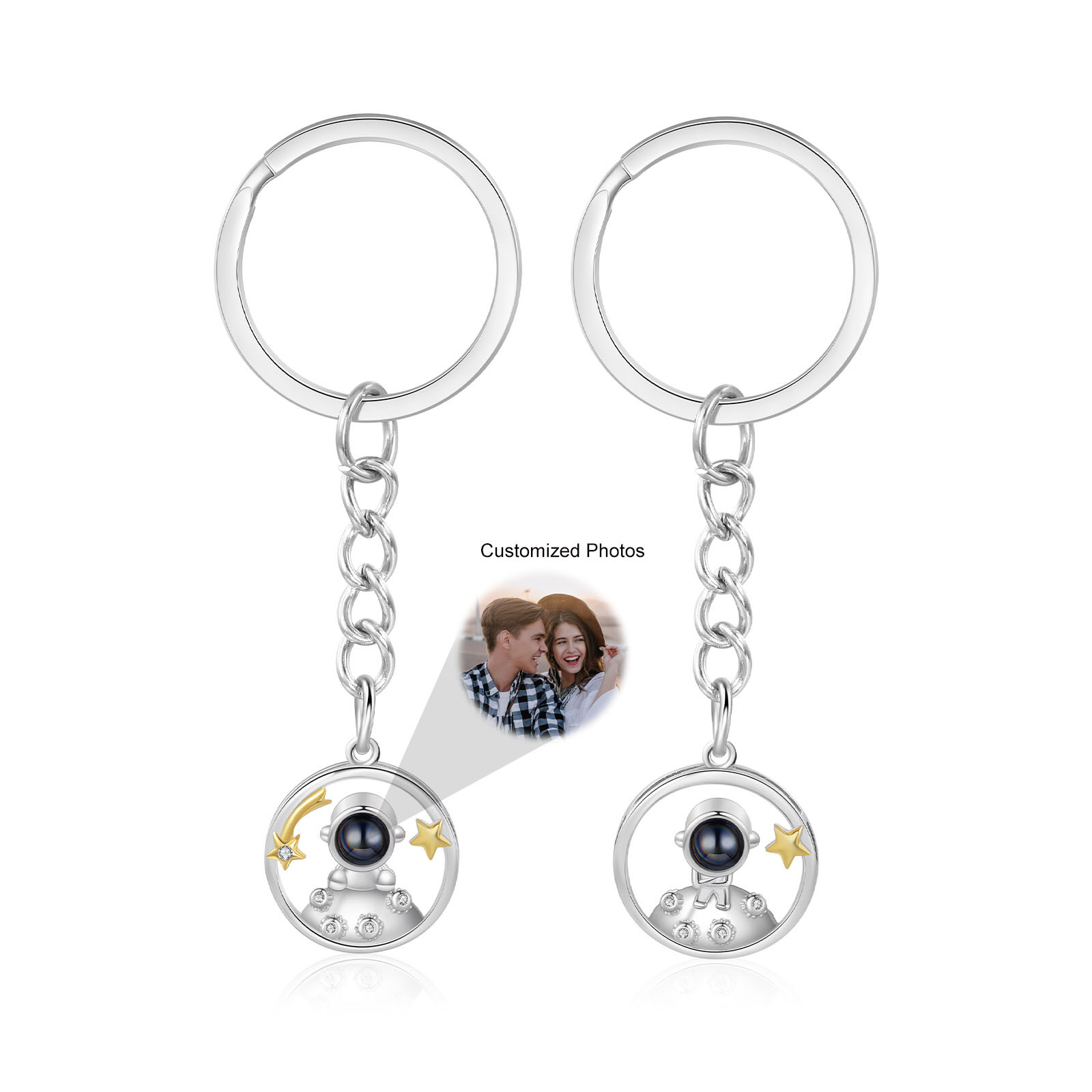 Porte-Clés Projection de Pierres 1 Photo Personnalisée Porte-Clés Astronaute pour Couple