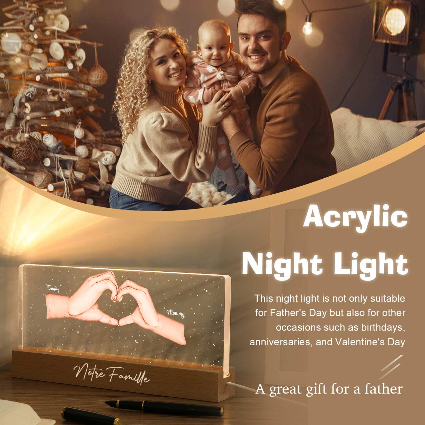 À ma Famille- Lampe de chevet LED la Main dans la Main 2 Prénoms Personnalisés avec Texte
