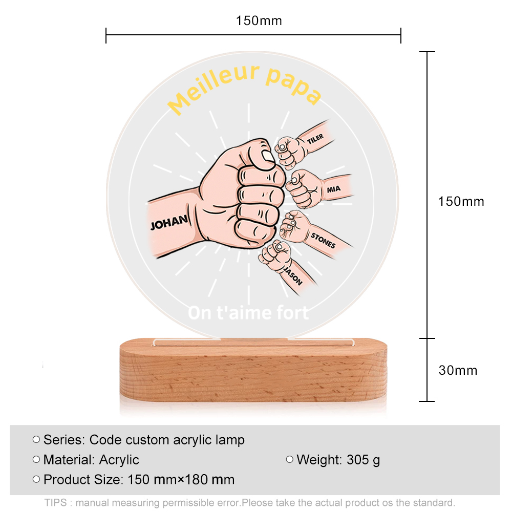 À Papa/Papi - Lampe de chevet LED Lumières Poings 5 Prénoms et 2 Textes Personnalisés pour Famille