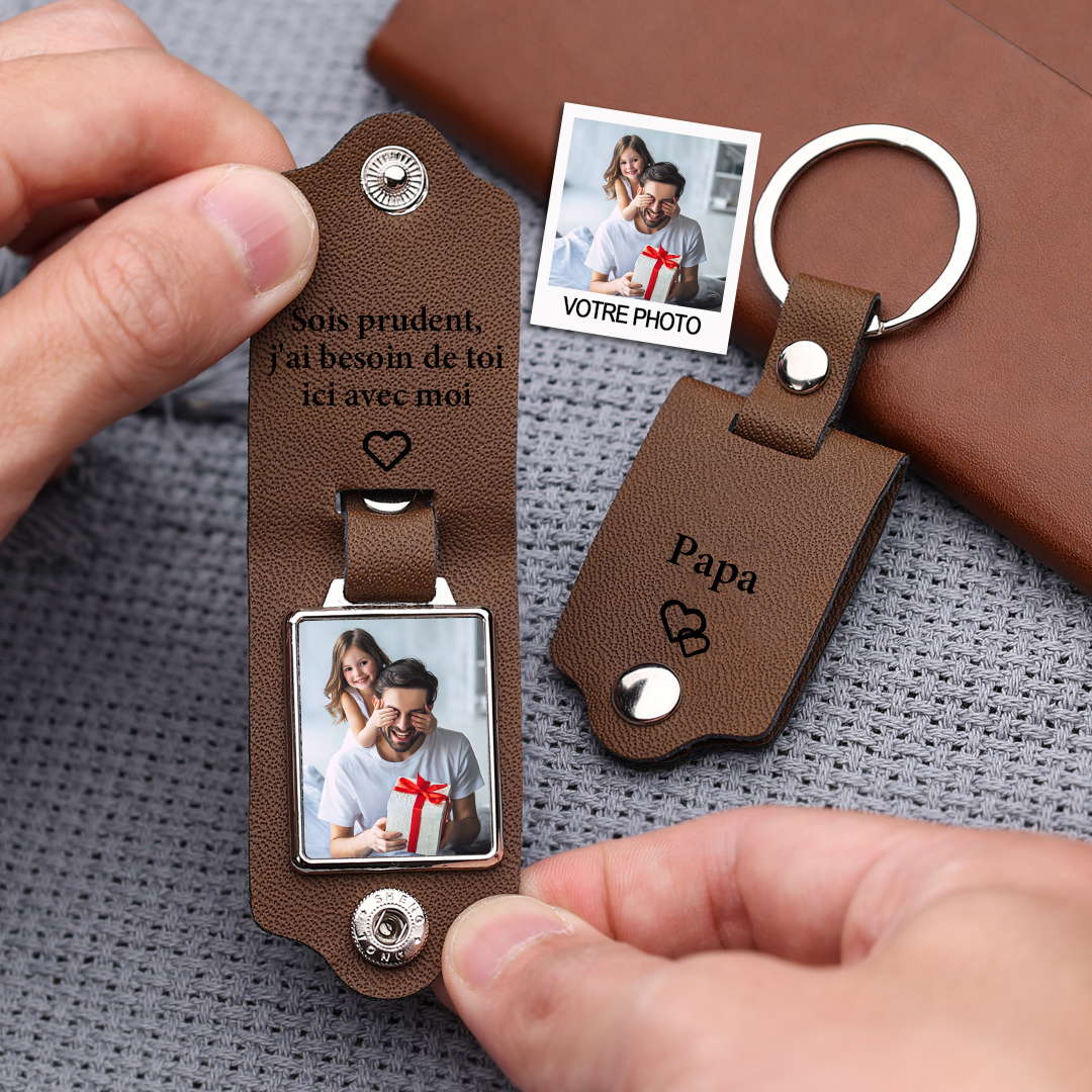 À mon Papa - Porte-Clés Cuir Texte et Photo Personnalisés