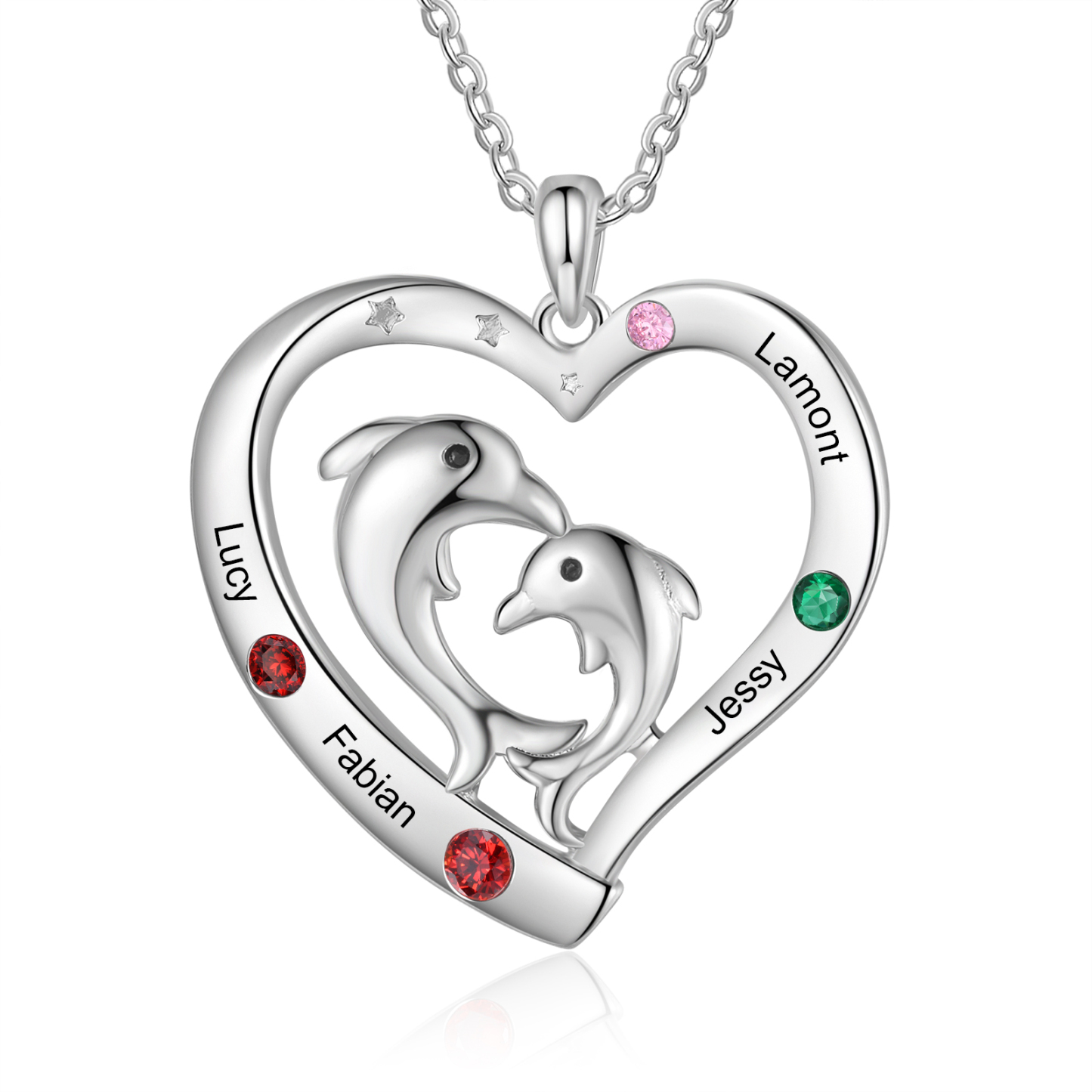 Collier Pendentif Cœur et Dauphin 4 Prénoms Personnalisés avec 4 Pierres de Naissance