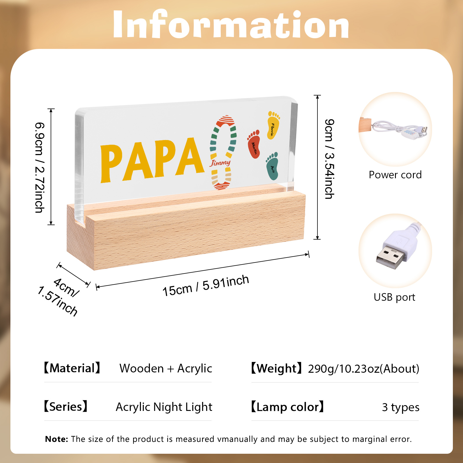 À mon Papa/Papi- Lampe de chevet LED Pieds Bébé 4 Prénoms Personnalisés avec Texte