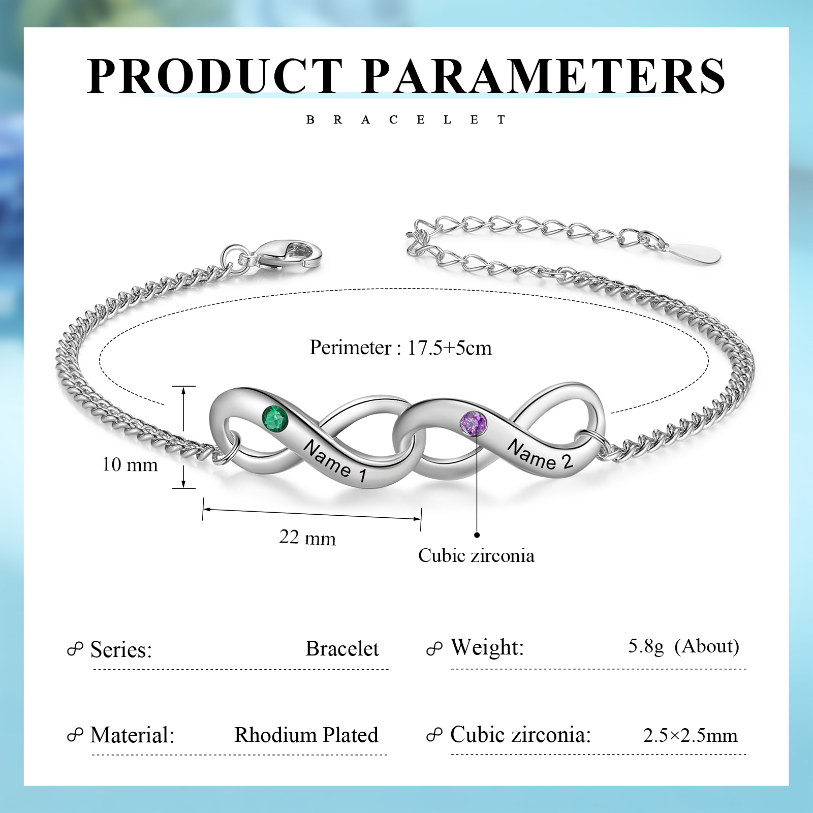 Bracelet Infini 2 Prénoms Personnalisés avec Pierres de Naissance pour Femme