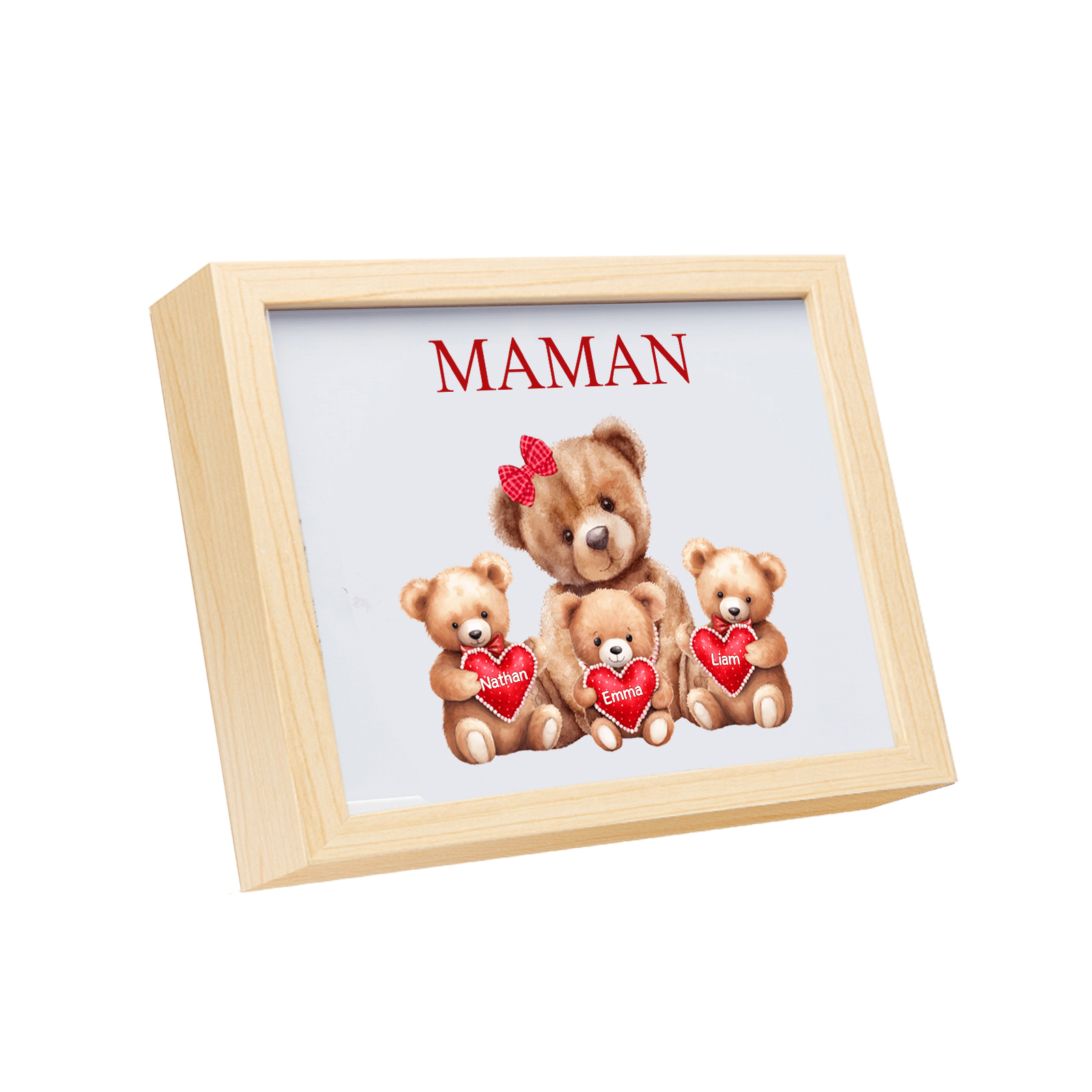 Cadre Photo LED Ours 3 Prénoms Personnalisés avec 1 Texte Décoration Famille