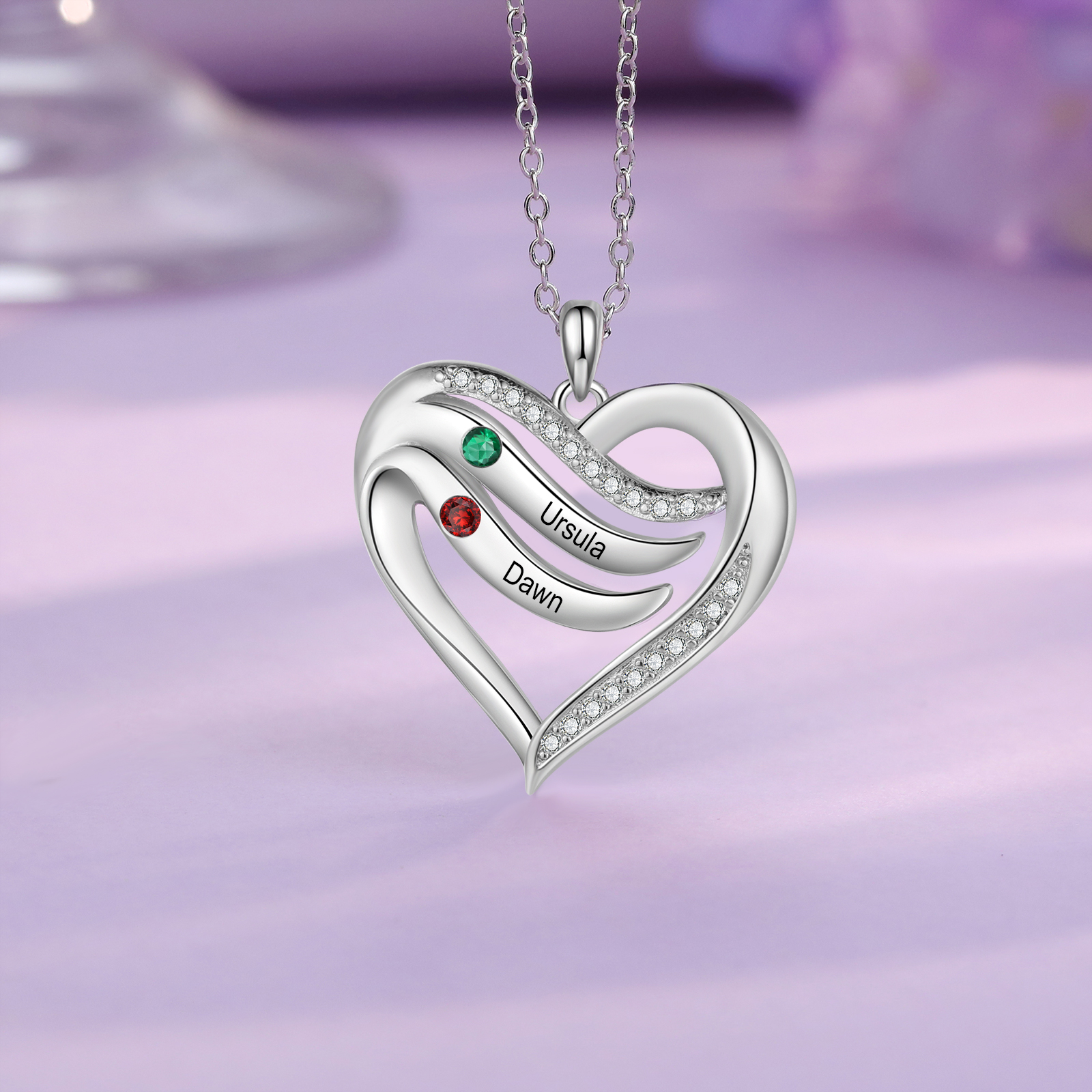 Collier Pendentif Cœur en Argent 925 2 Prénoms Personnalisés avec 2 Pierres de Naissance