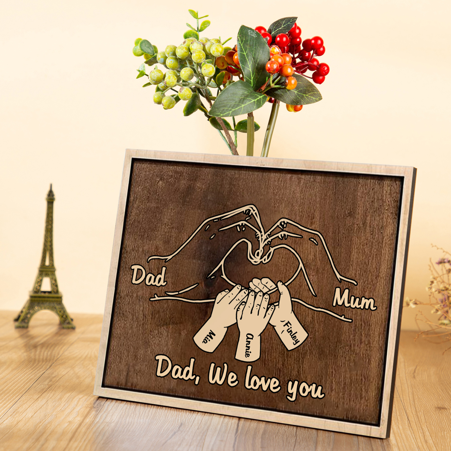 À Papi/Mamie - Cadre en Bois la Main dans la Main 5 Prénoms Personnalisés avec Texte Cadeau pour Famille