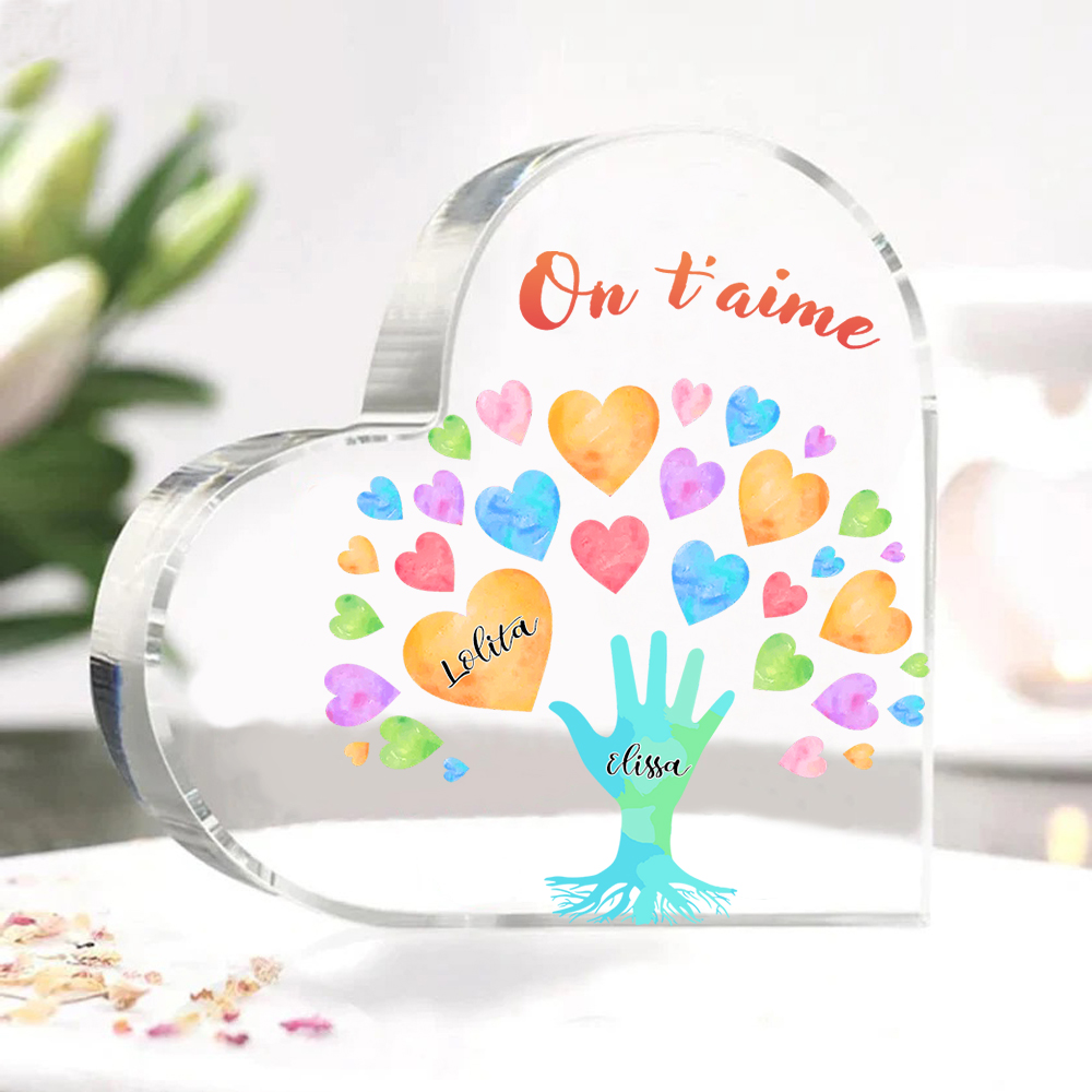 Plaque Acrylique en Forme de Cœur 2 Prénoms Personnalisés avec Texte pour Famille