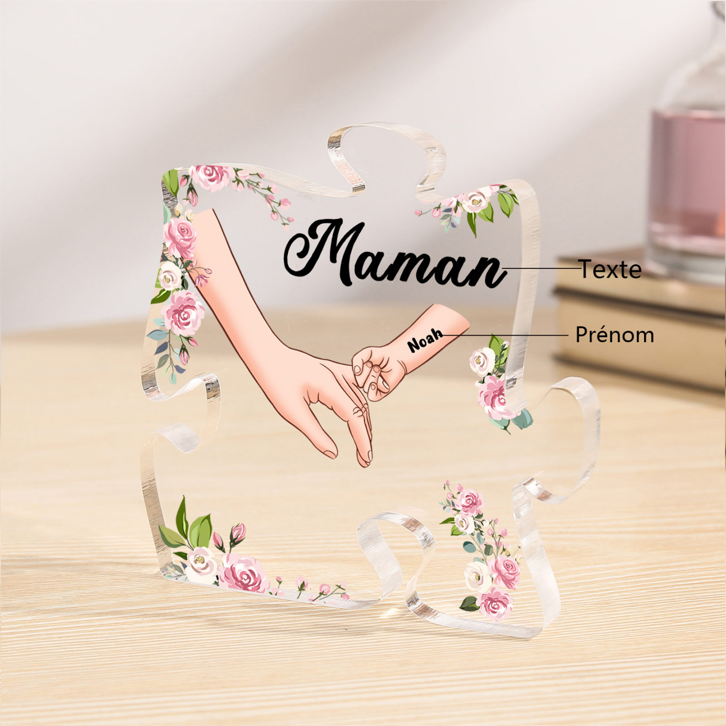 Plaque Acrylique en forme de Puzzle la main dans la main 1 Prénom et 1 Texte Personnalisés