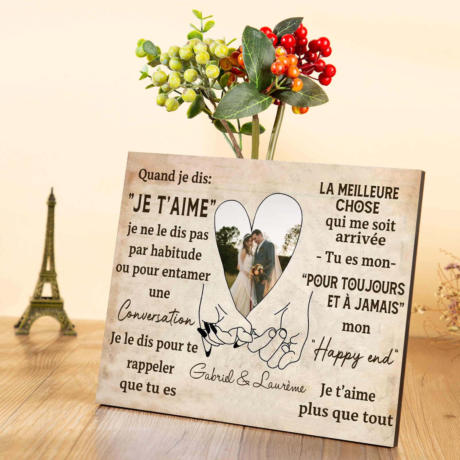 Cadre en Bois 2 Prénoms Personnalisés avec Photo pour Couple Cadeau Saint Valentin