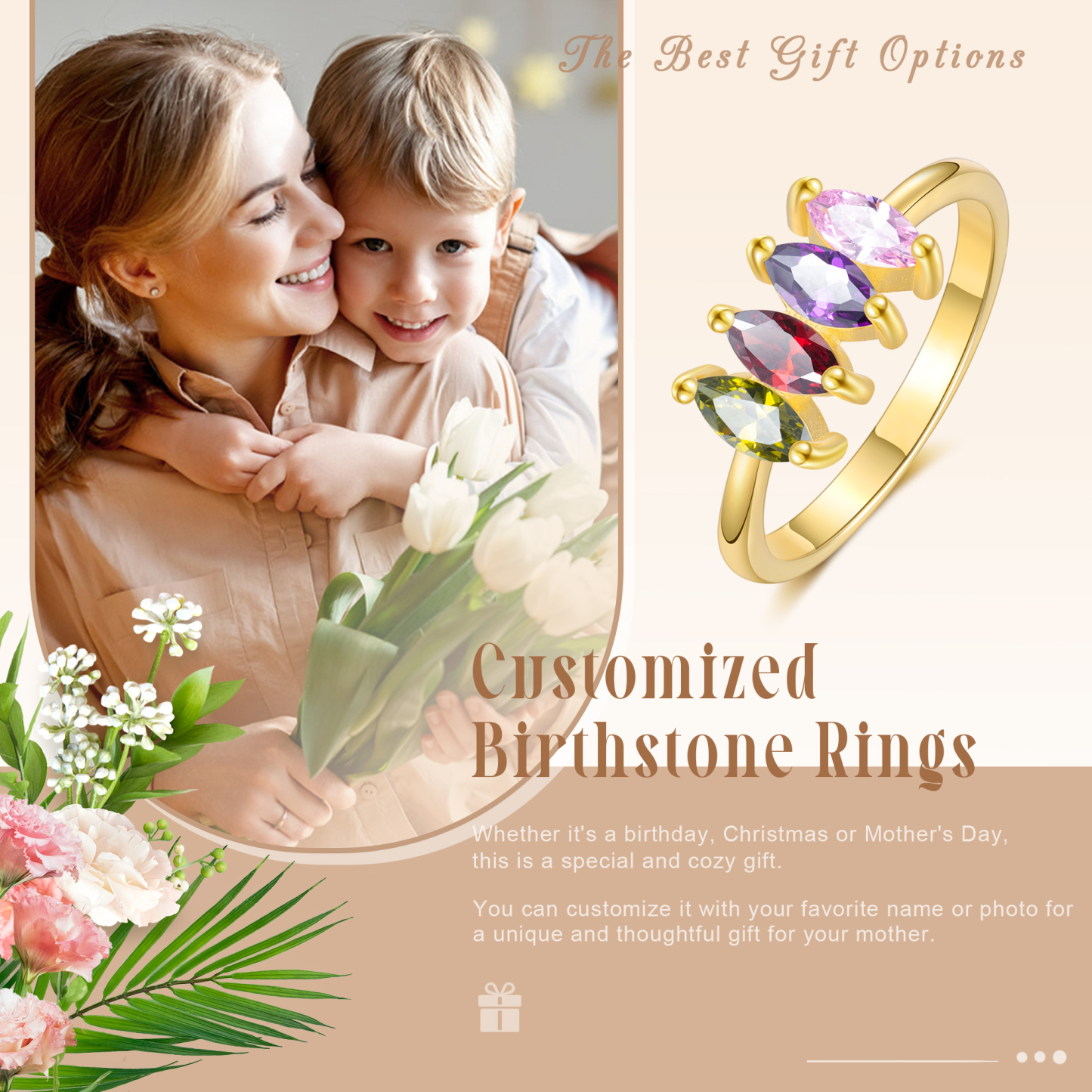 Bague Femmes 4 Pierres de Naissance Personnalisés