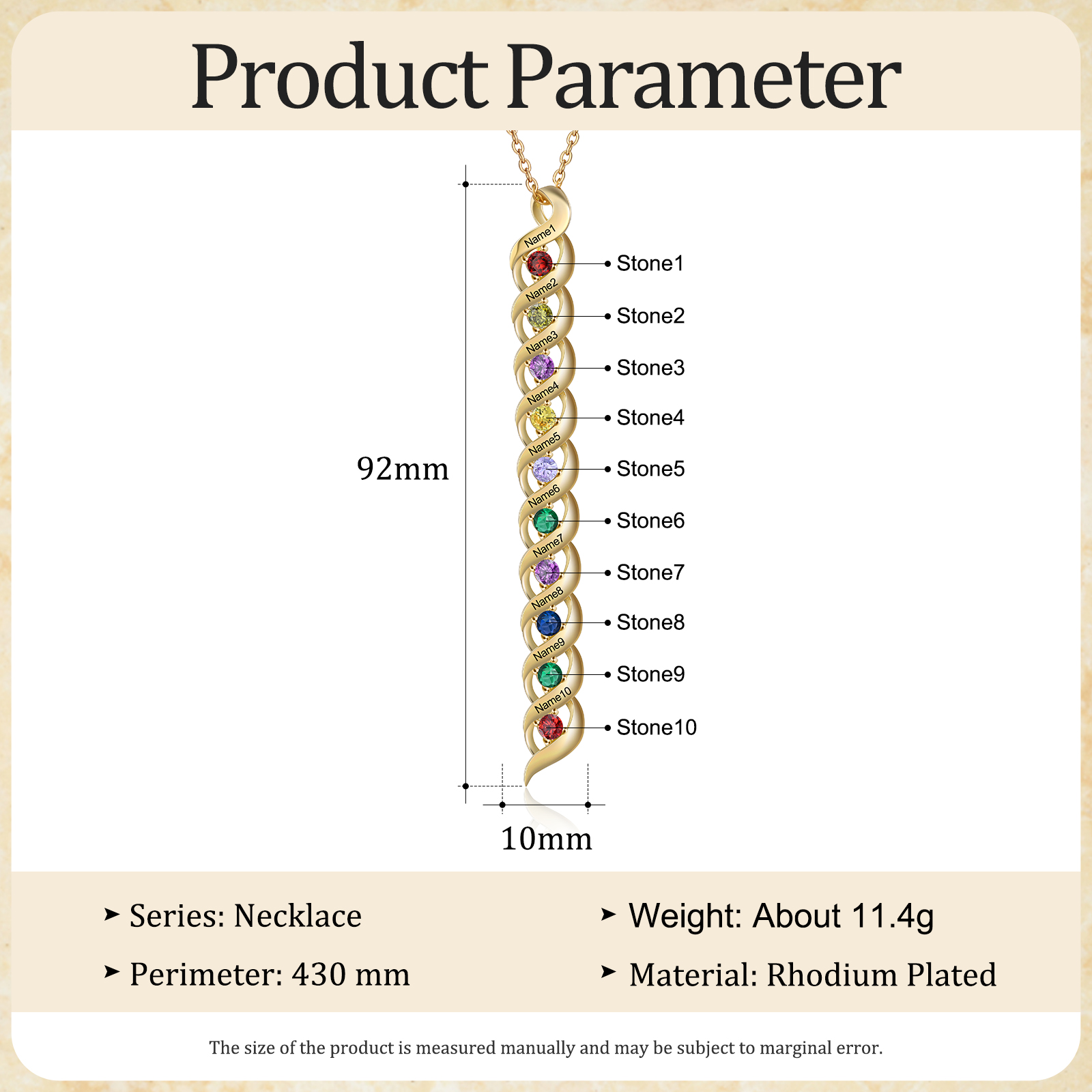 Collier Femme 10 Prénoms Personnalisés avec 10 Pierres de naissance