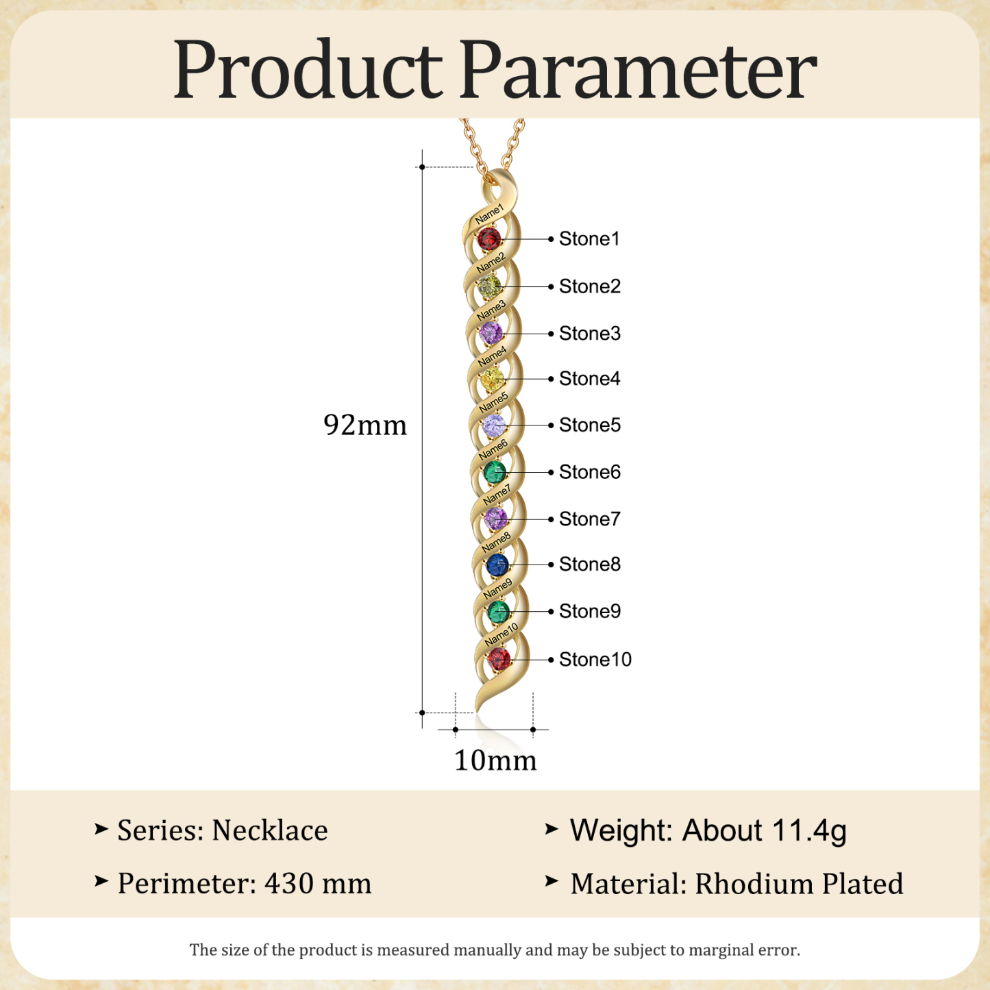 Collier Femme 10 Prénoms Personnalisés avec 10 Pierres de naissance