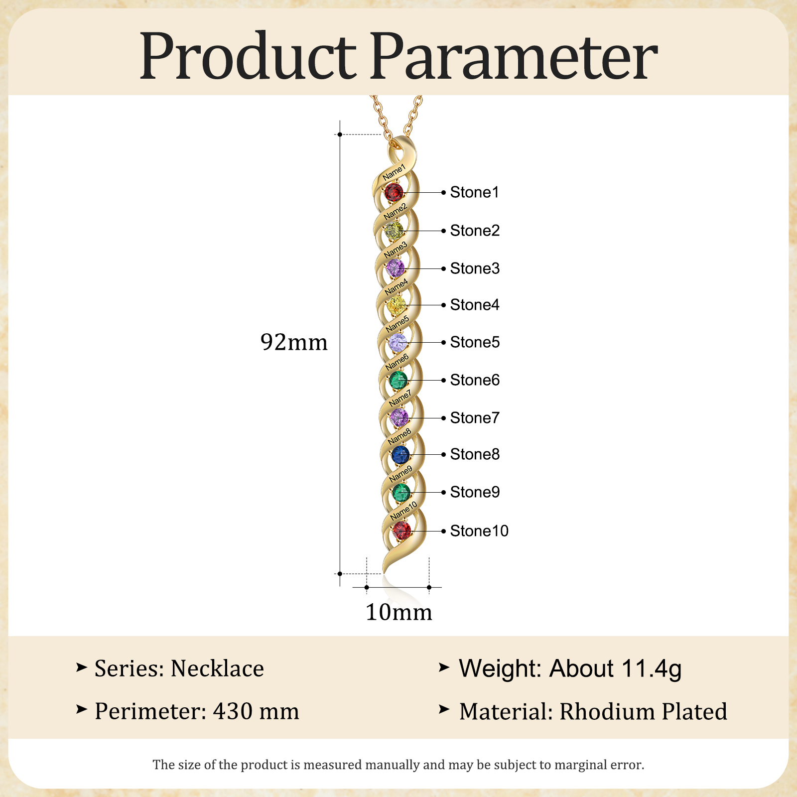 Collier Femme 10 Prénoms Personnalisés avec 10 Pierres de naissance