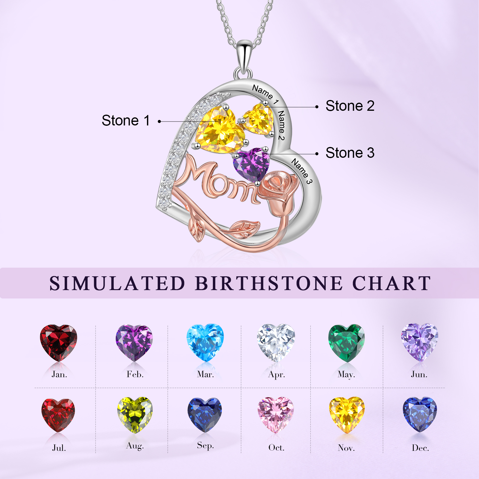 À Maman - Collier Pendentif Cœur et Roses 3 Prénoms Personnalisés avec Pierres de naissance